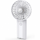 White handheld rechargeable fan with spiral grille and power button