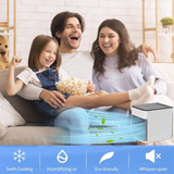 Portable USB air cooler used in a living room with a family relaxing on a sofa. Provides quiet cooling, humidifying air, and eco-friendly comfort.