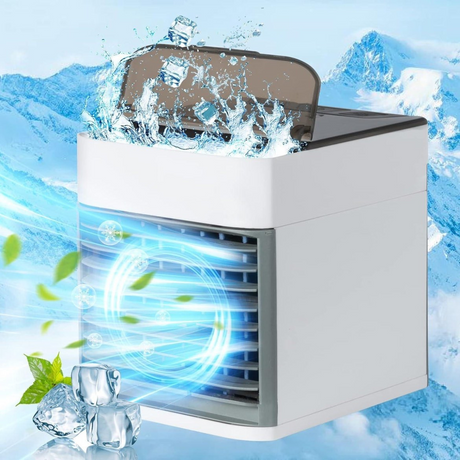 Portable USB air cooler with water tank and ice cubes for enhanced cooling effect. Airflow graphics show cool mist and fresh air circulation.
