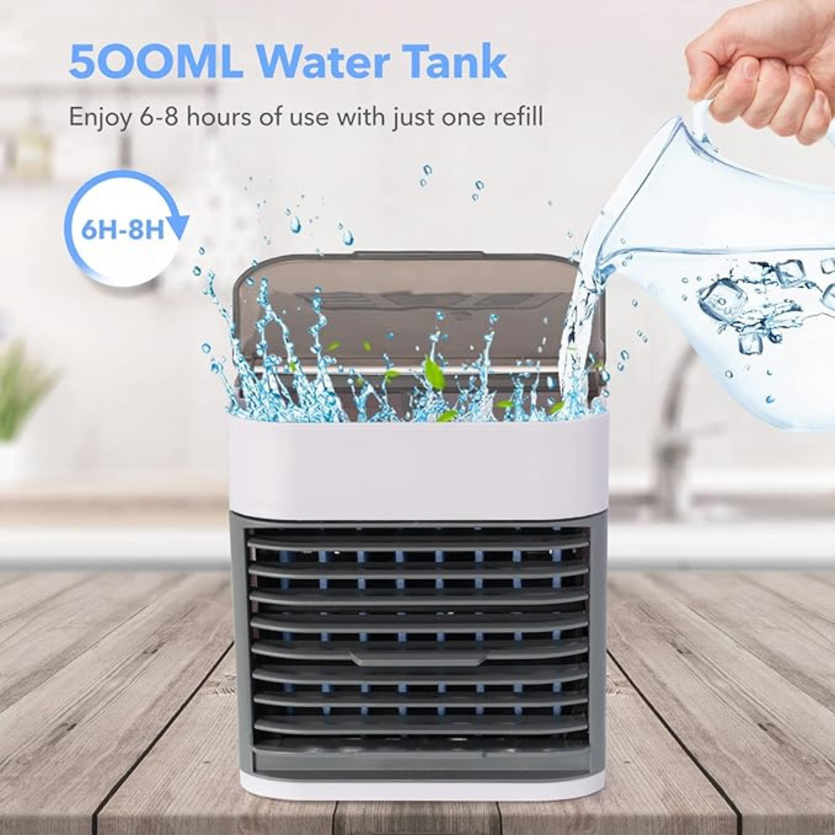 Portable USB air cooler being filled with water in a 500ML tank. Designed to provide 6–8 hours of continuous cooling use.