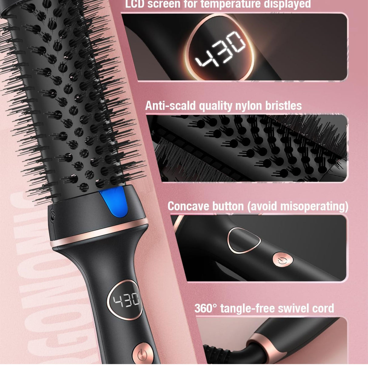 Thermal curling brush showing LCD display, nylon bristles, and control button. Includes swivel cord for easy and safe handling.
