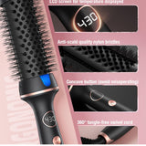 Thermal curling brush showing LCD display, nylon bristles, and control button. Includes swivel cord for easy and safe handling.