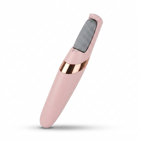 Angled view of rechargeable callus remover with ergonomic pink handle design