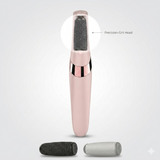 Electric callus remover with interchangeable precision grit heads displayed