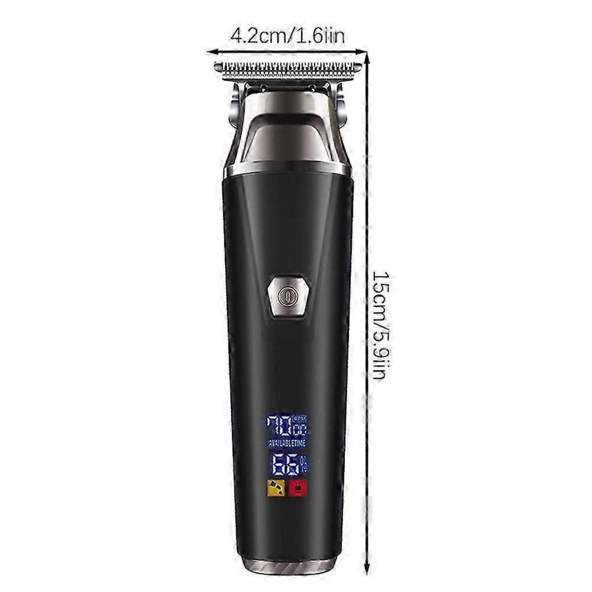 Electric hair clipper with LED display and size dimensions shown