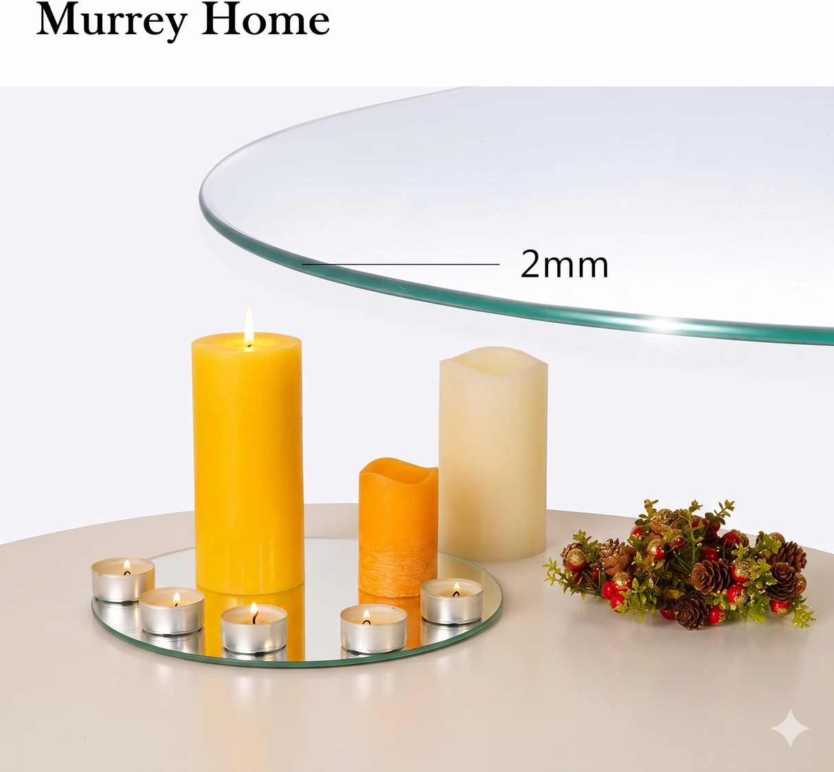 Round glass mirror tray highlighting 2mm thickness and polished edge