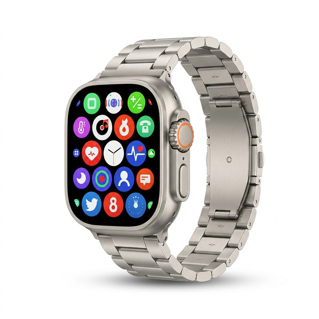 Close-up of S100 Ultra 2 smartwatch with detailed app icons and crown button