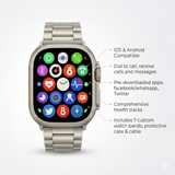 S100 Ultra 2 smartwatch showing apps, health tracking, and call features
