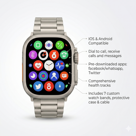 S100 Ultra 2 smartwatch showing apps, health tracking, and call features