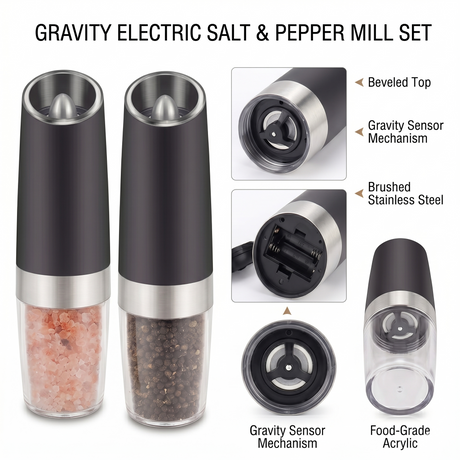 Electric salt and pepper grinder set with stainless steel and clear spice chambers