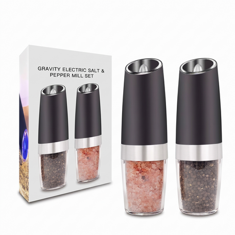 Packaged electric salt and pepper grinder set with sleek modern design