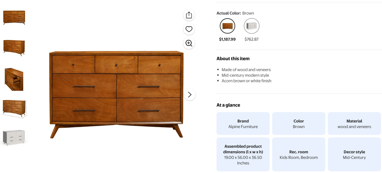 Alpine Mid-century style dresser with 7 drawers