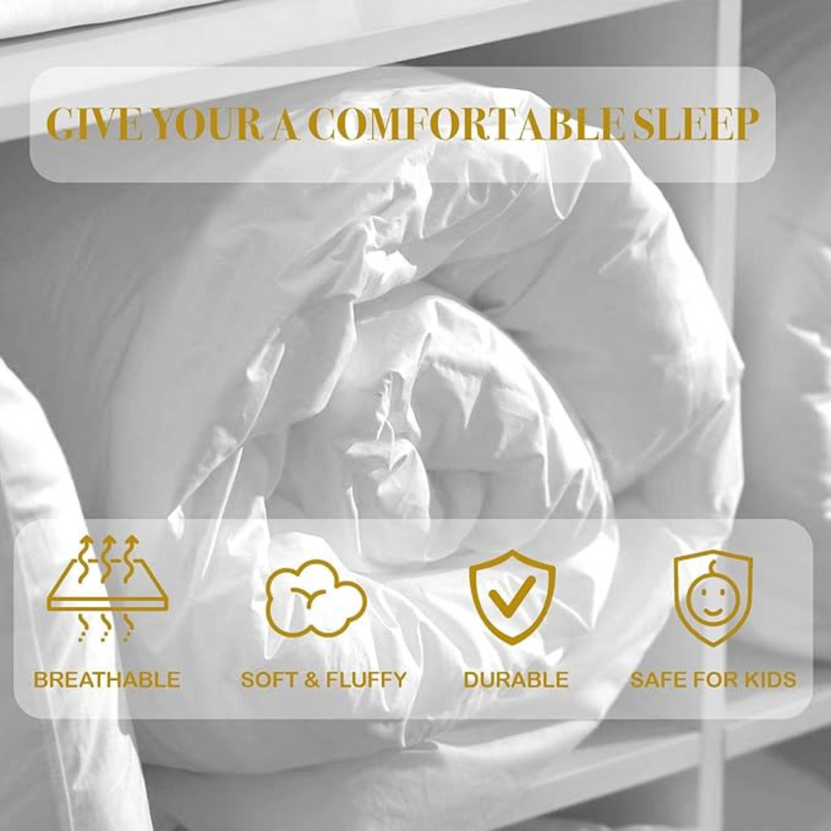 Rolled white comforter emphasizing softness, breathability, and comfort features.