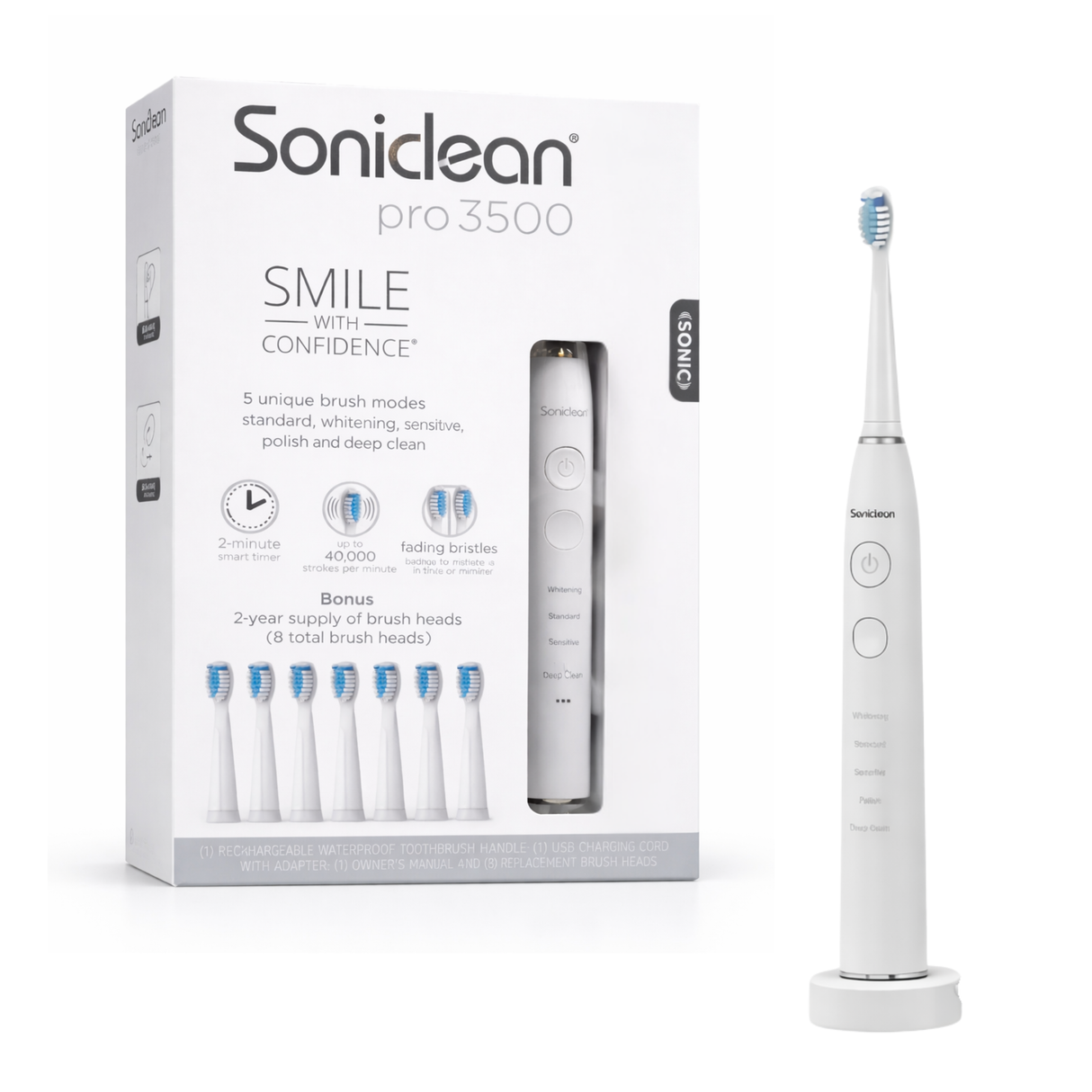 Soniclean Pro 3500 packaging showing toothbrush, features, and included brush heads
