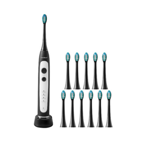 A black Soniclean Pro 4800 toothbrush is shown standing on its compact charging base alongside a comprehensive set of replacement brush heads. This professional kit highlights the longevity of the product, providing a sleek dental care solution with enough brush heads to last for several years.
