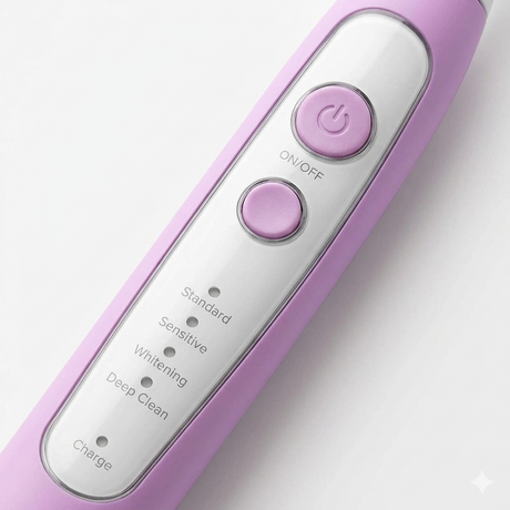 A close-up view of the Soniclean Pro 4800 toothbrush handle shows a purple exterior with a white interface featuring a power button and mode selector. The panel clearly labels the four cleaning modes—Standard, Sensitive, Whitening, and Deep Clean—alongside a dedicated battery charge indicator light.