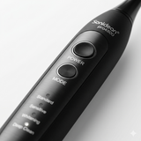 The sleek black handle of the Soniclean Pro 4800 toothbrush features a textured power button and a mode selection button for easy navigation. A bright LED indicator highlights the active "Deep Clean" setting among the four labeled modes, including Standard, Sensitive, and Whitening.