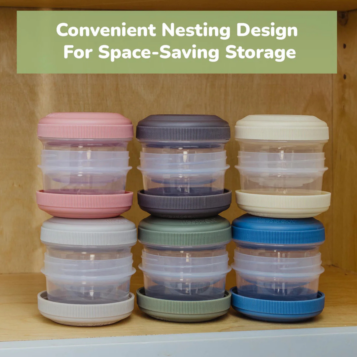 Baby food containers stacked and nested neatly inside a cabinet for compact storage.