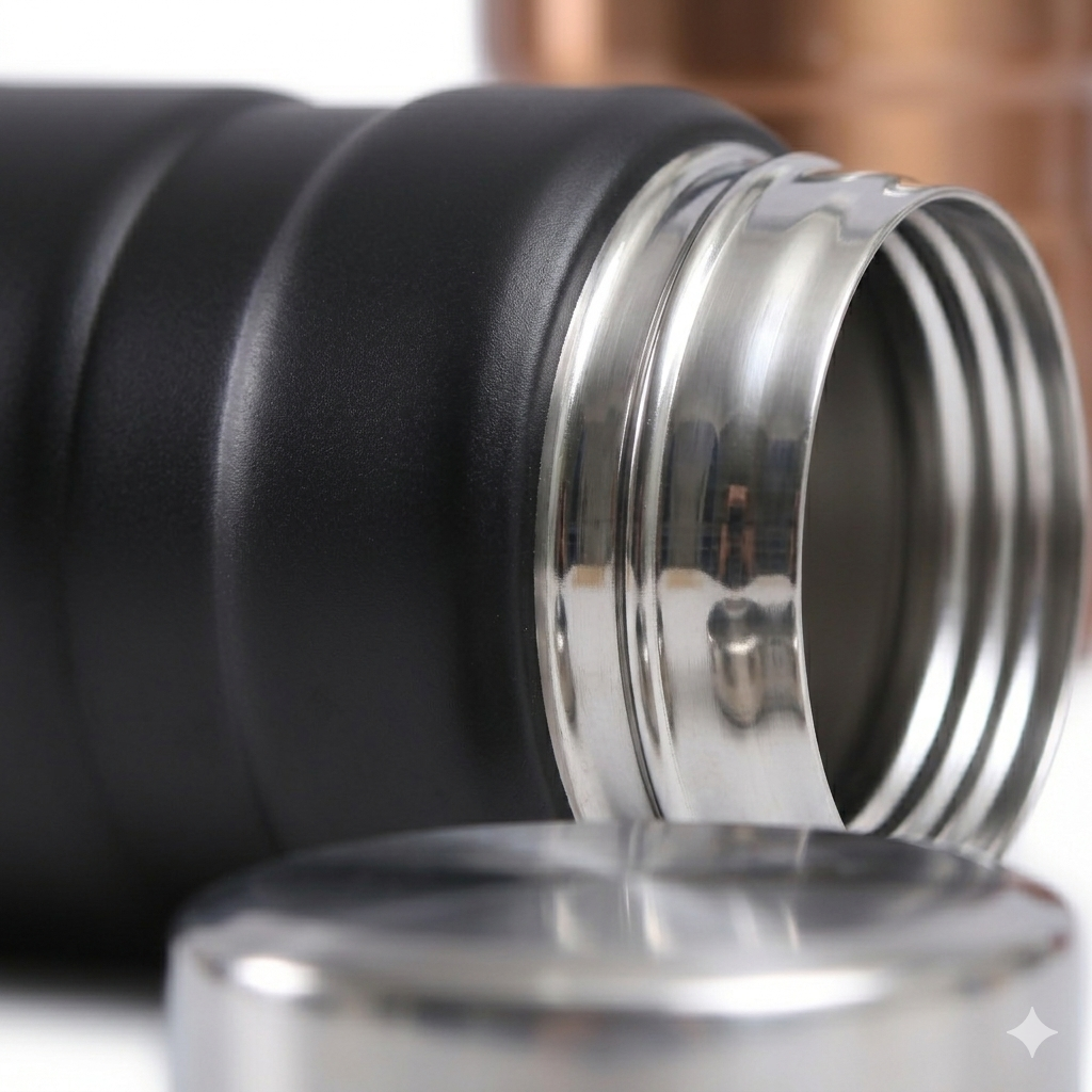 Stainless steel insulated food jar threaded lid detail close-up