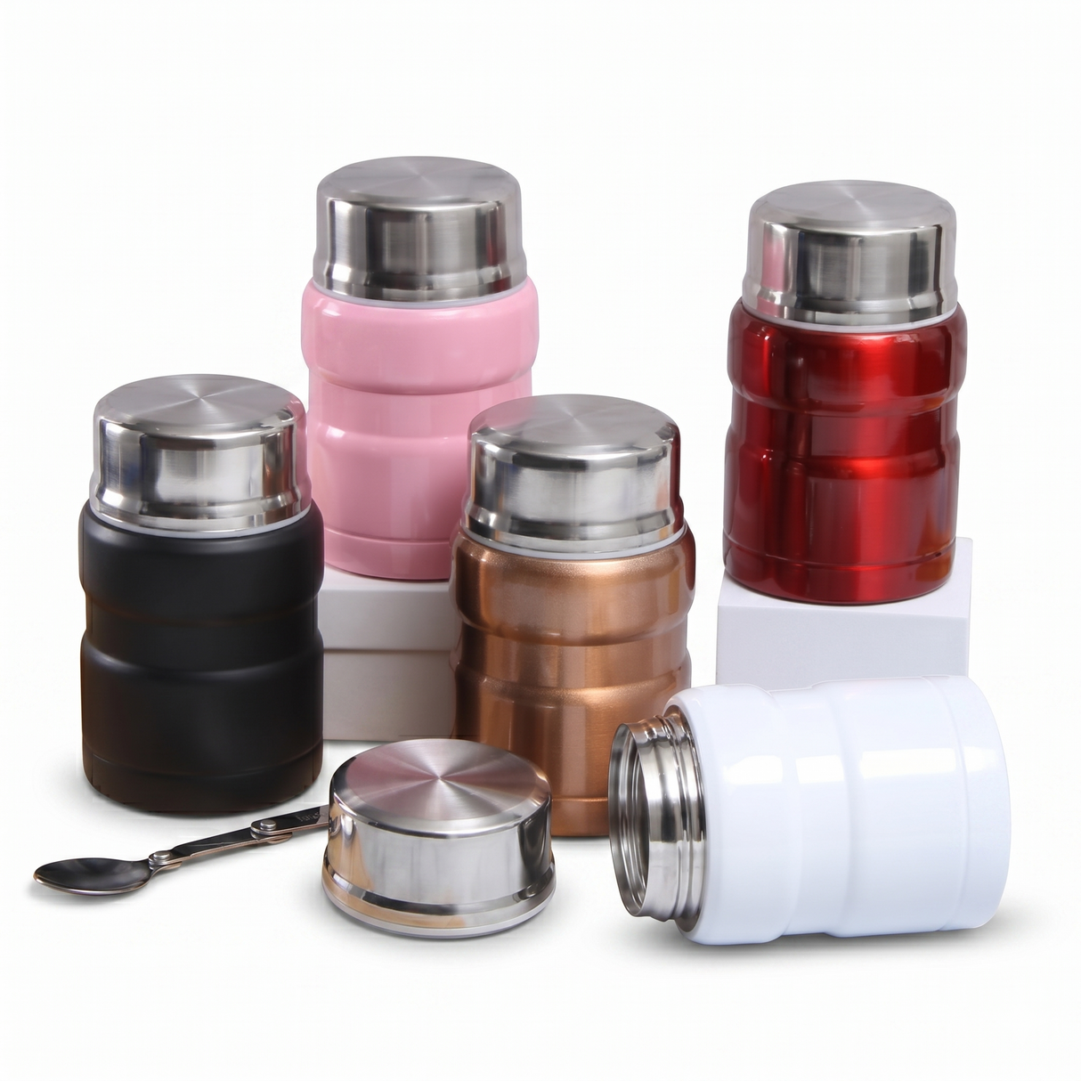 Assorted stainless steel insulated food jars displayed from different angles