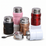 Assorted stainless steel insulated food jars displayed from different angles