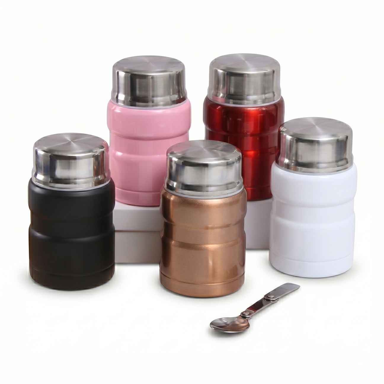 Insulated food jar set with multiple colors and included spoon