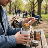 Stainless steel insulated food jar in use, keeping soup warm outdoors
