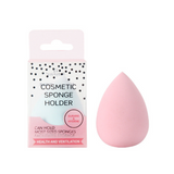 Pink teardrop makeup blender sponge with ventilated cosmetic sponge holder packaging.