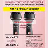 Thermal curling brush showing Fahrenheit and Celsius temperature conversion feature. Display highlights adjustable heat settings up to 430°F.