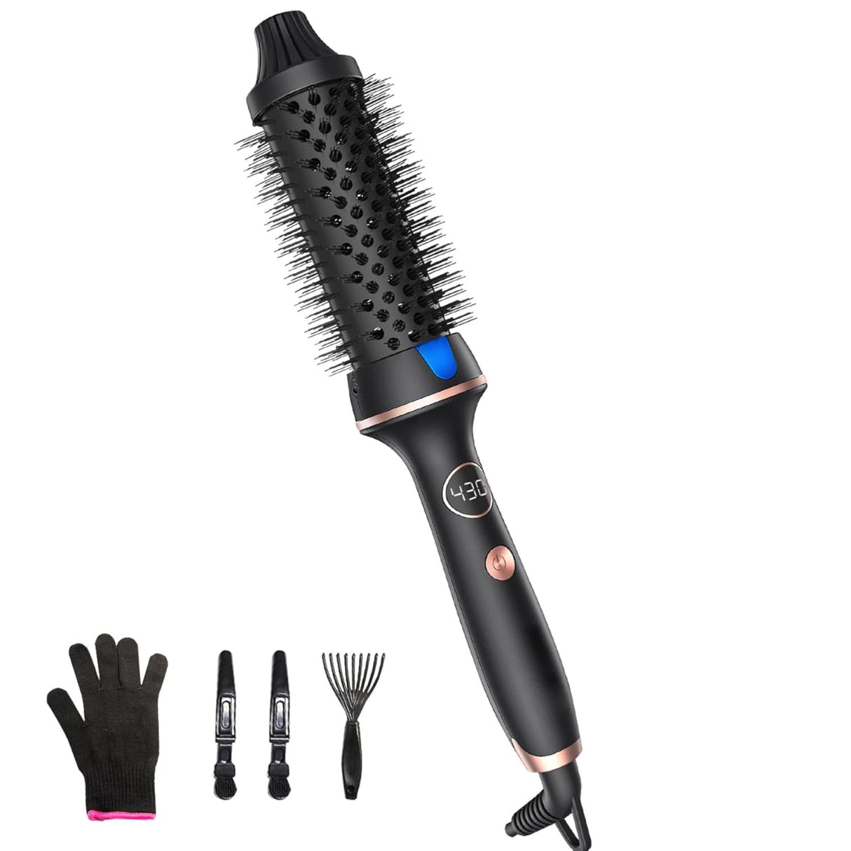 Thermal curling brush with digital display shown with styling accessories. Includes glove, clips, and cleaning tool for complete hair styling.