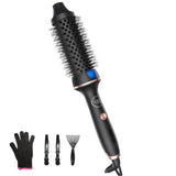 Thermal curling brush with digital display shown with styling accessories. Includes glove, clips, and cleaning tool for complete hair styling.