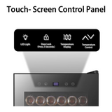 Beverage fridge top panel showing LED light, lock, digital temperature display, and touch controls.