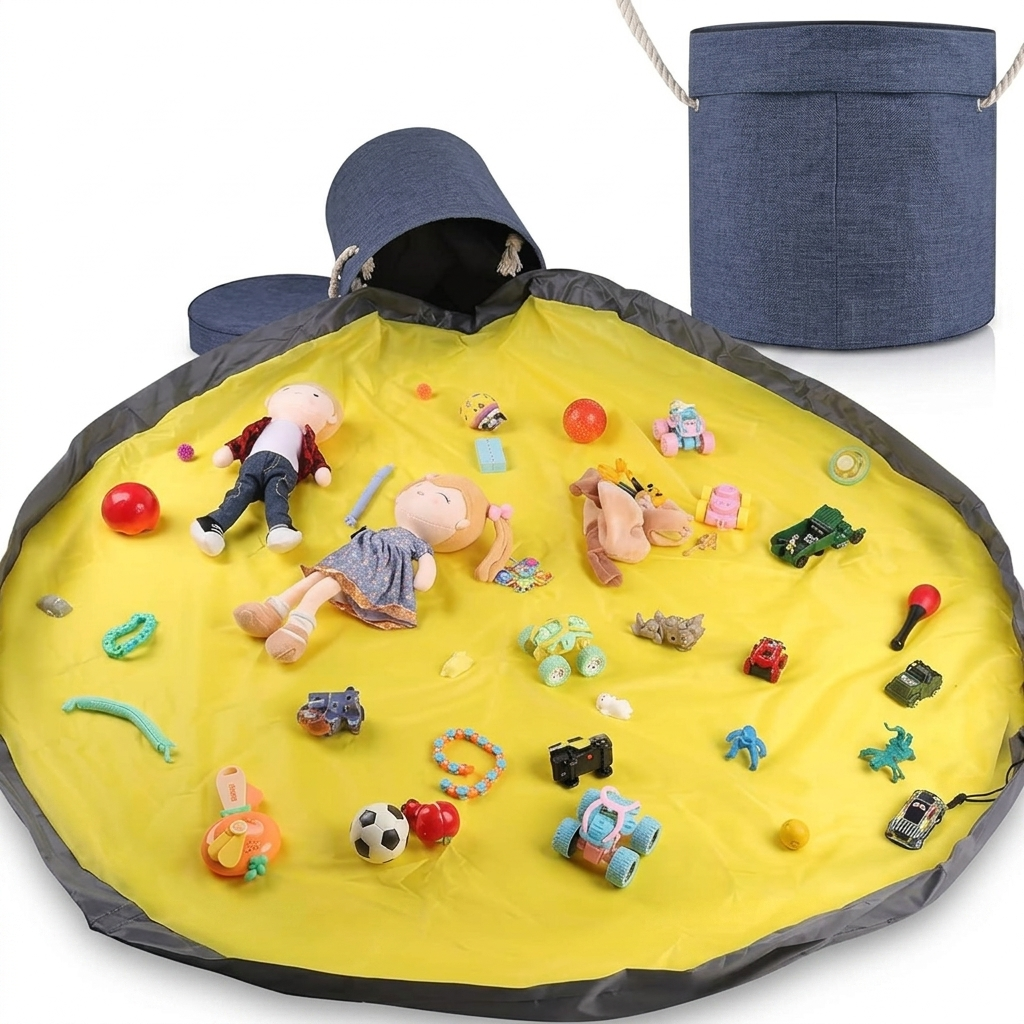 Toy storage basket play mat holding assorted toys in large capacity basket