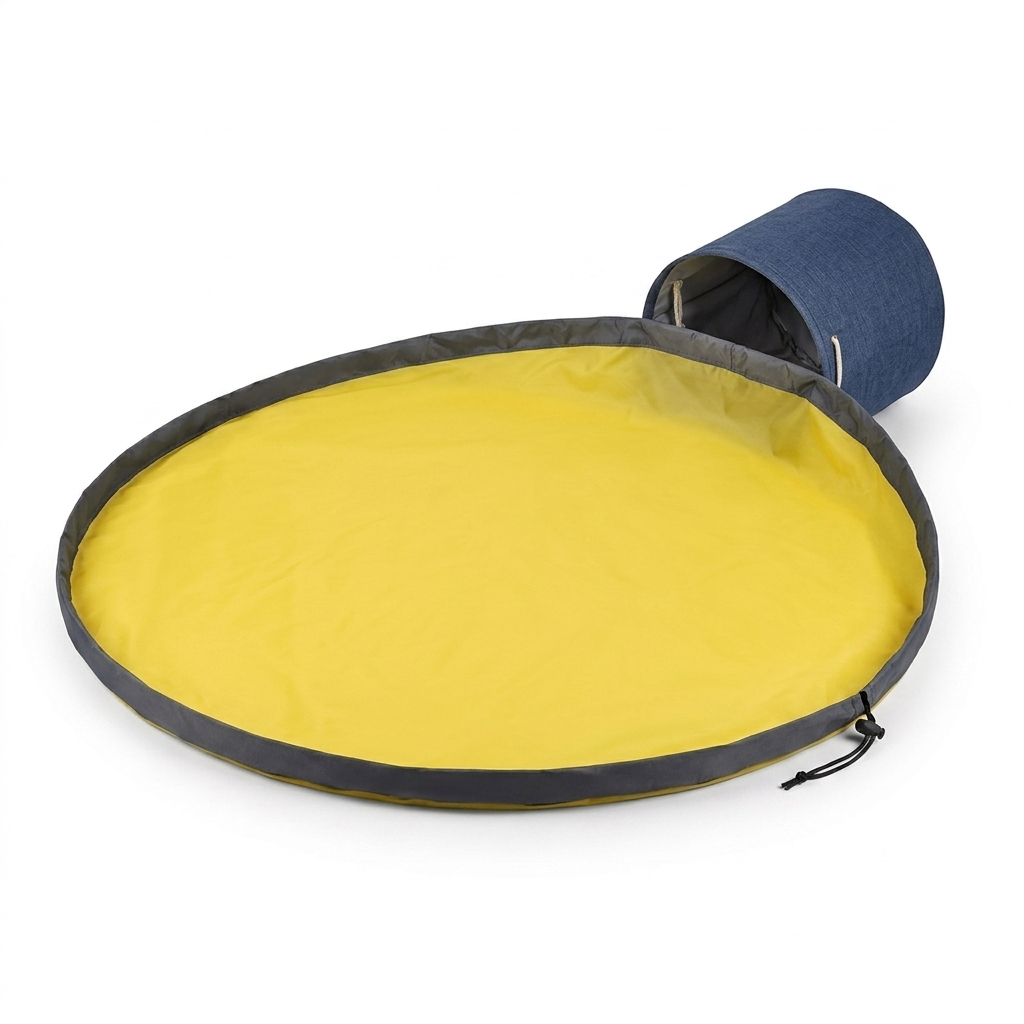 Foldable toy storage basket play mat with spacious yellow surface