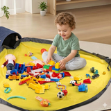 Toddler playing on toy storage basket play mat with easy cleanup design