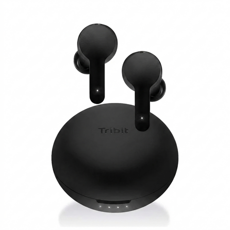 A product shot of the black Tribit true wireless earbuds and their round charging case on a soft white background.