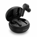 An open Tribit charging case showing one of the earbuds resting in their charging slots and one floating in an angled position