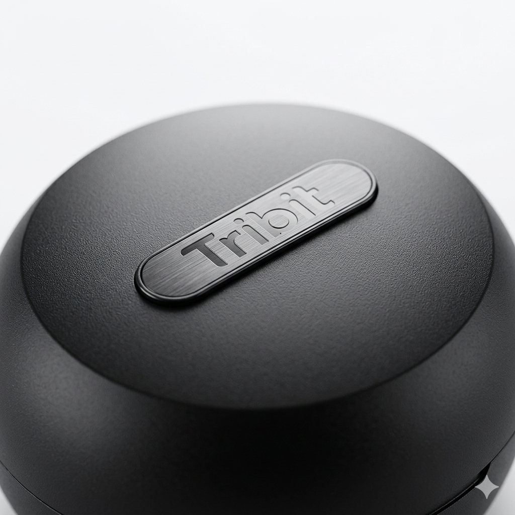 Close-up of the Tribit logo on a black earbud charging case.