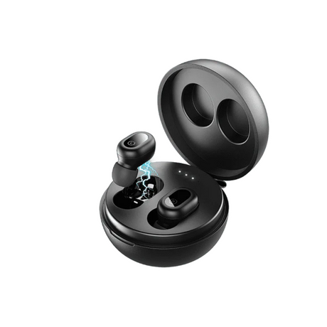 Open Tribit FlyBuds 1 charging case with an earbud floating and blue lightning bolts demonstrating the fast charge.
