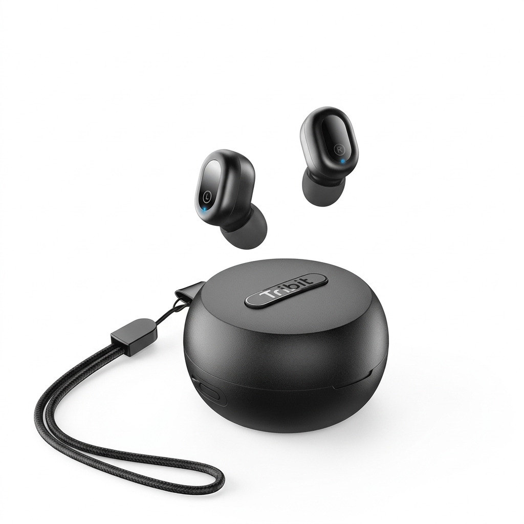 Tribit wireless earbuds with compact charging case and lanyard.