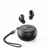 Tribit wireless earbuds with compact charging case and lanyard.
