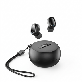 Tribit wireless earbuds with compact charging case and lanyard.