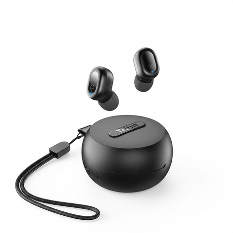 Tribit wireless earbuds with compact charging case and lanyard.