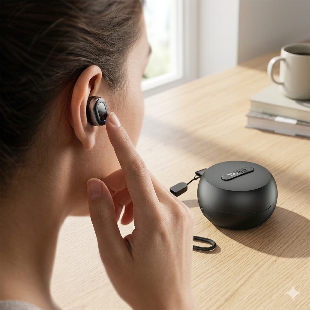 Close-up of a person wearing a small, ergonomic Tribit FlyBuds 1 earbud in her ear, with her finger touching it.