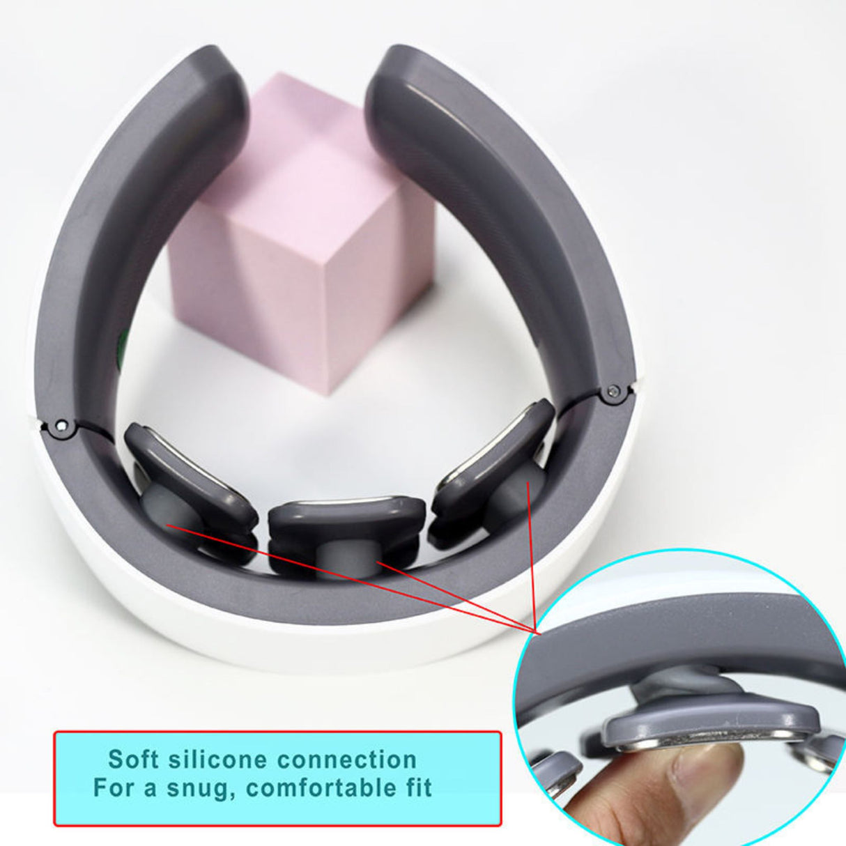 USB rechargeable neck massager with soft silicone connection for comfortable fit. Flexible design adapts to neck shape.