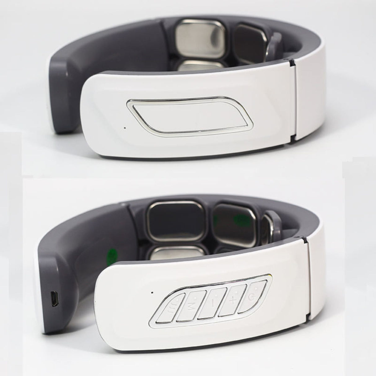 USB rechargeable neck massager showing side control buttons and adjustable intensity settings. Sleek compact design.