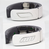 USB rechargeable neck massager showing side control buttons and adjustable intensity settings. Sleek compact design.