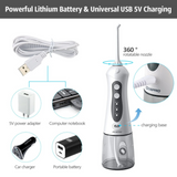 Oral irrigator with USB charging cable and multiple power source options including adapter and power bank.