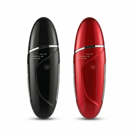 An image of two ultrasonic facial cleansing devices, one in black and one in red, standing vertically on a white background. Each device features chrome accents, clear function labels like "Lifting," and a central power button.