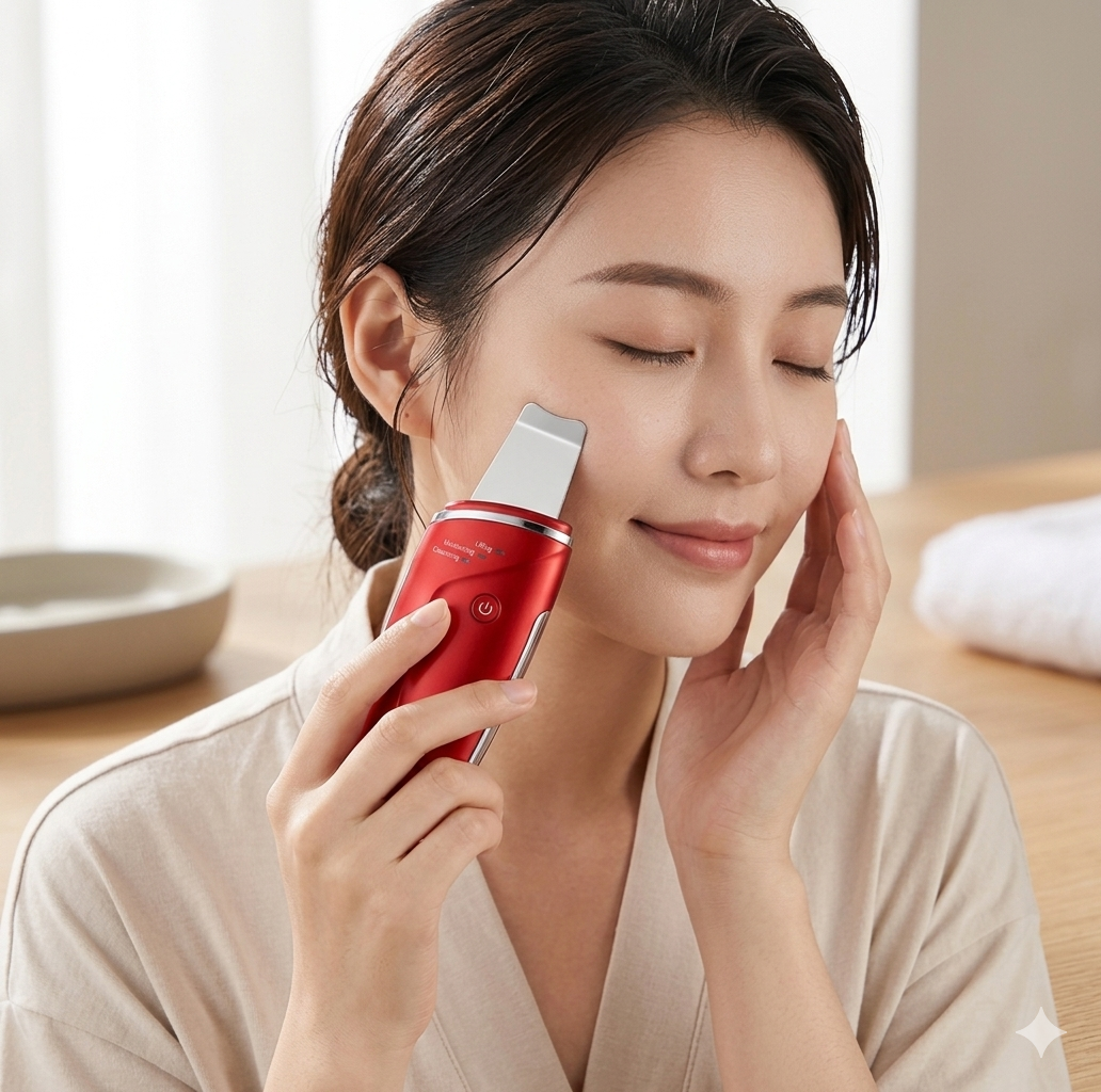 A lifestyle photograph of a woman smiling with eyes closed while using the red Ultrasonic Facial Cleansing Device on her cheek. The setting is bright and natural, emphasizing a premium skincare routine.